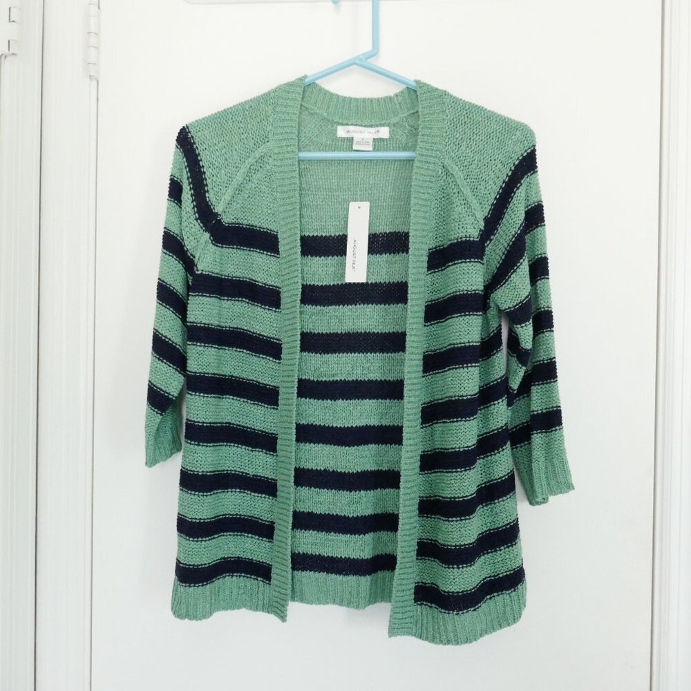 NWT August Silk navy blue + green striped 3/4 sleeve open cardigan sweater sz S